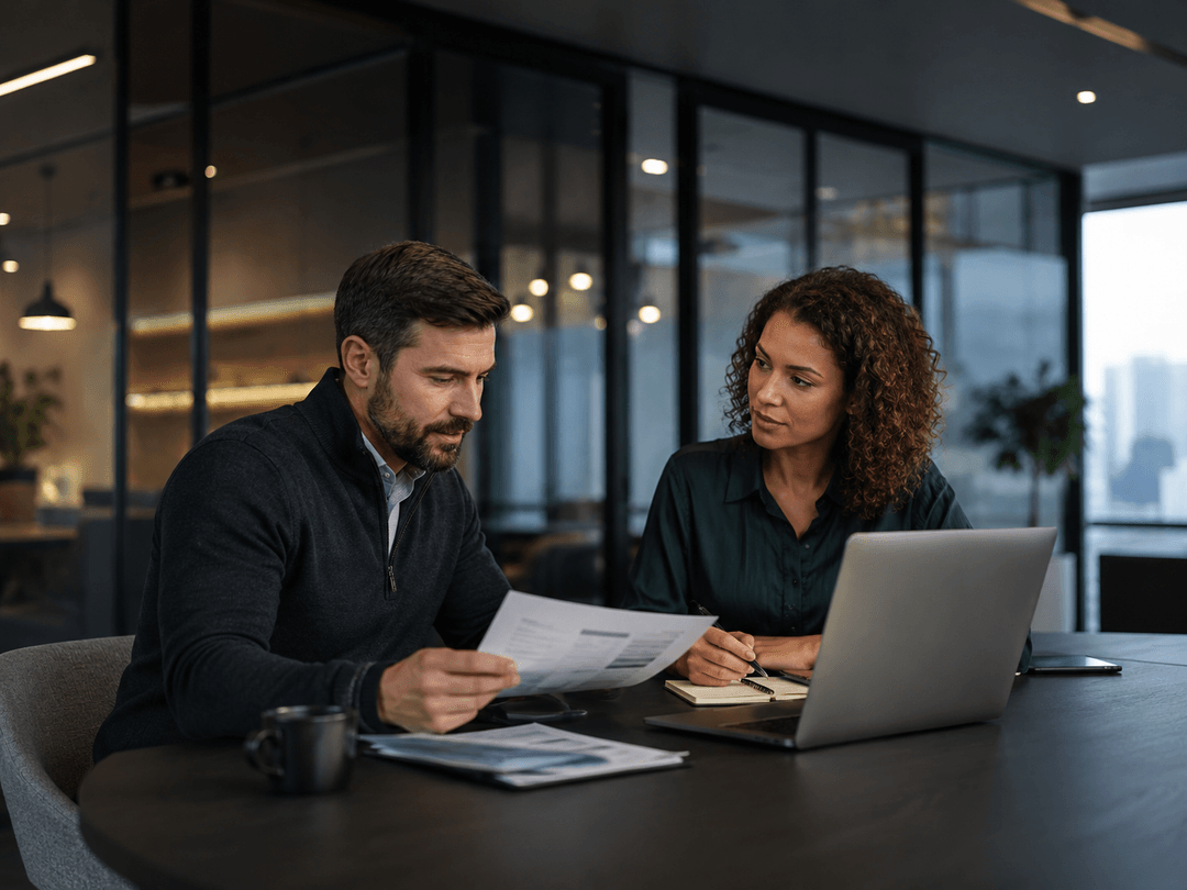 Financial professionals reviewing client documents