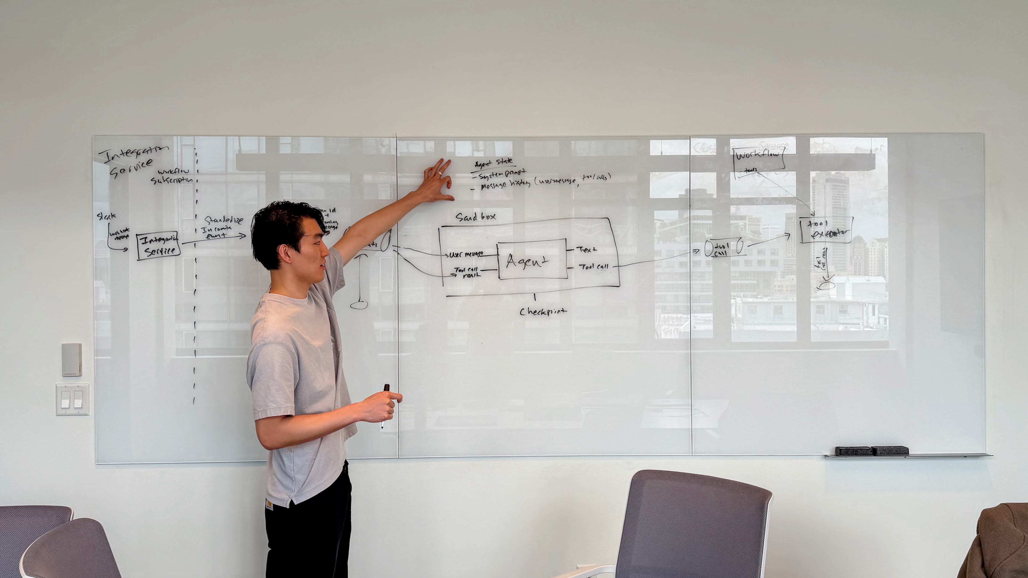 A Runbook team member diagramming an agent workflow on a whiteboard